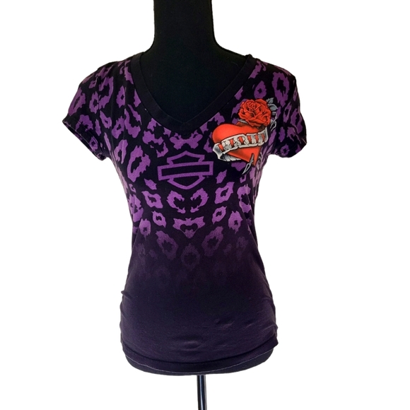 Harley-Davidson Tops - Cute Harley-davidson motor women's rose love t shirt tight, XS-M, black purple